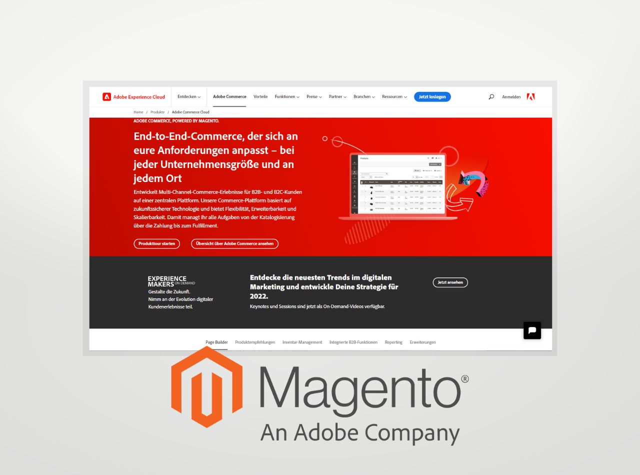 Die offizielle Hersteller-Seite von Adobe Commerce (Magento) sowie das Adobe Commerce (Magento)-Logo